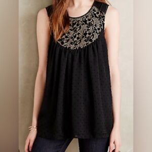 Anthropologie One September Black Sleeveless Blouse with Embroidery velvet